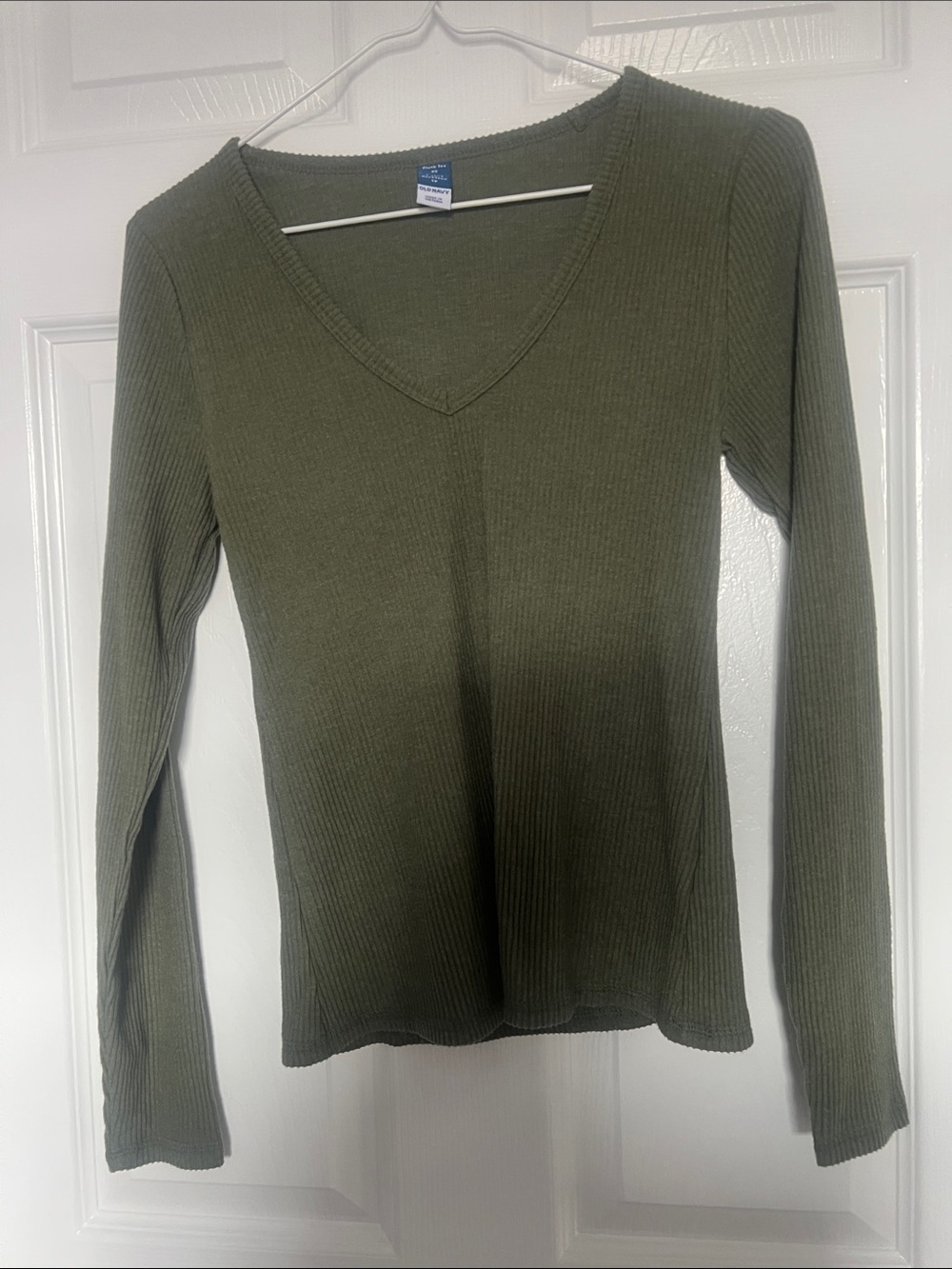 Old Navy Olive Green Ribbed V-Neck Long Sleeve Top